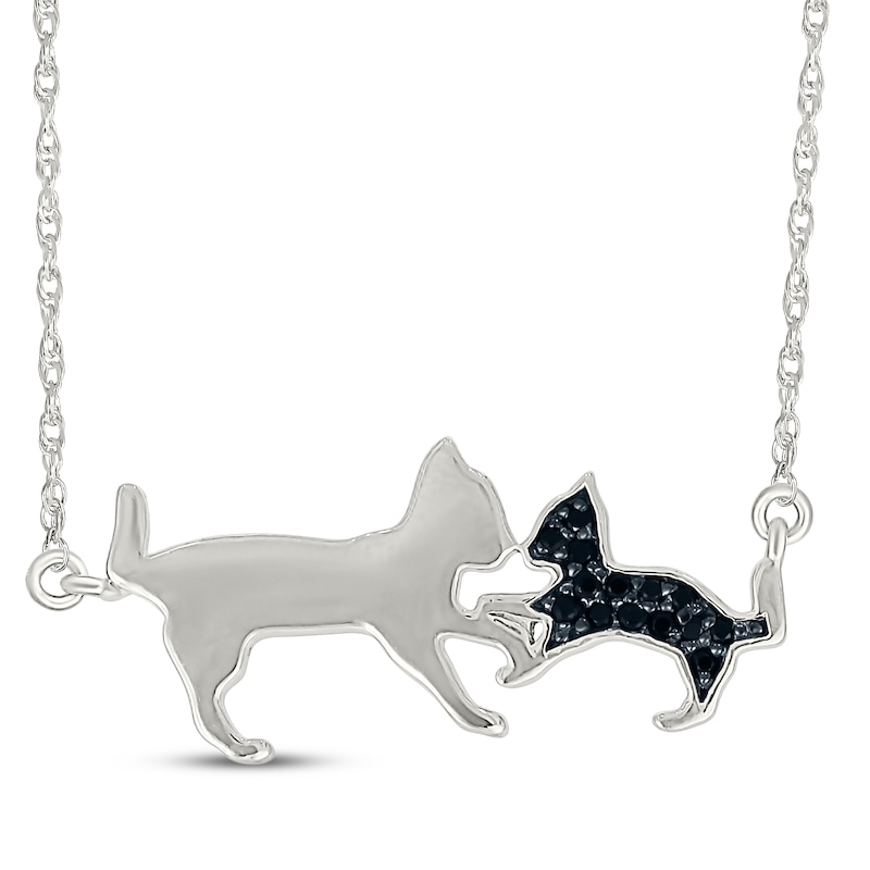 Main Image 1 of Black Diamond Cat & Kitten Necklace 1/15 ct tw Sterling Silver 18&quot;