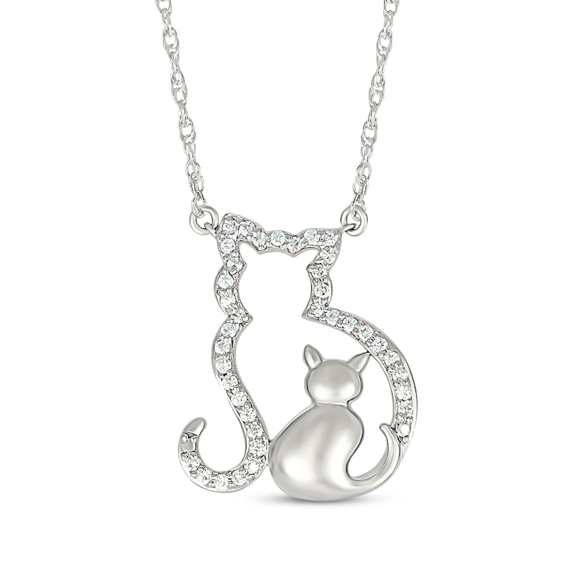 Diamond Cat & Kitten Necklace 1/6 ct tw Sterling Silver 18"