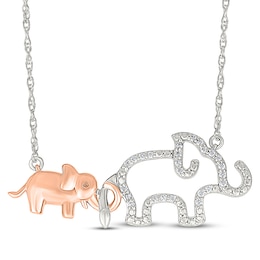 Diamond Mother & Baby Elephant Necklace 1/10 ct tw Sterling Silver & 10K Rose Gold 18&quot;