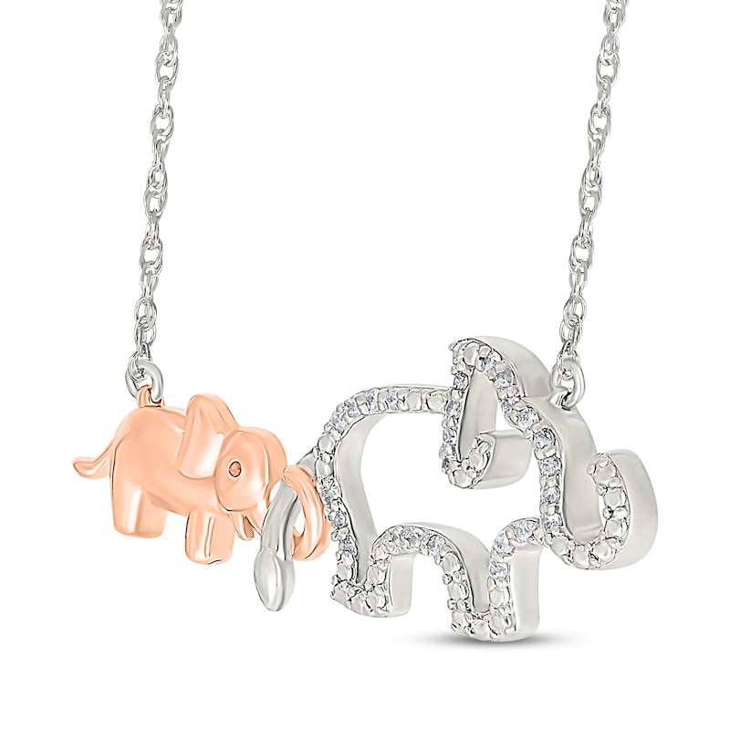 Main Image 2 of Diamond Mother & Baby Elephant Necklace 1/10 ct tw Sterling Silver & 10K Rose Gold 18&quot;