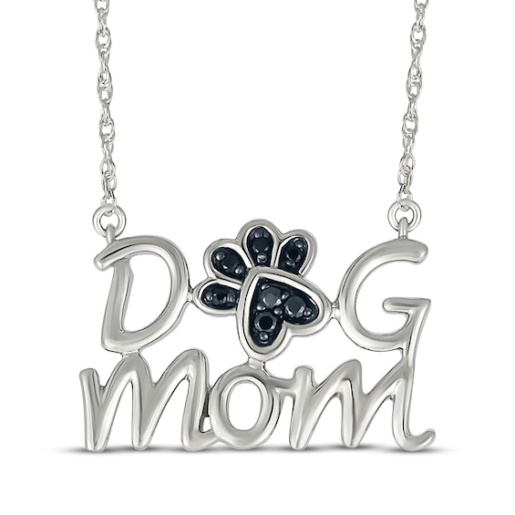 Black Diamond "Dog Mom" Paw Print Necklace 1/20 ct tw Sterling Silver 18"