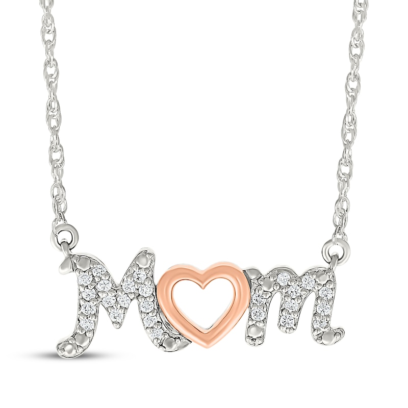 Main Image 1 of Diamond &quot;Mom&quot; Heart Necklace 1/10 ct tw Sterling Silver & 10K Rose Gold 18&quot;