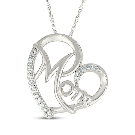 Diamond "Mom" Tilted Heart Necklace 1/15 ct tw 10K White Gold 18"