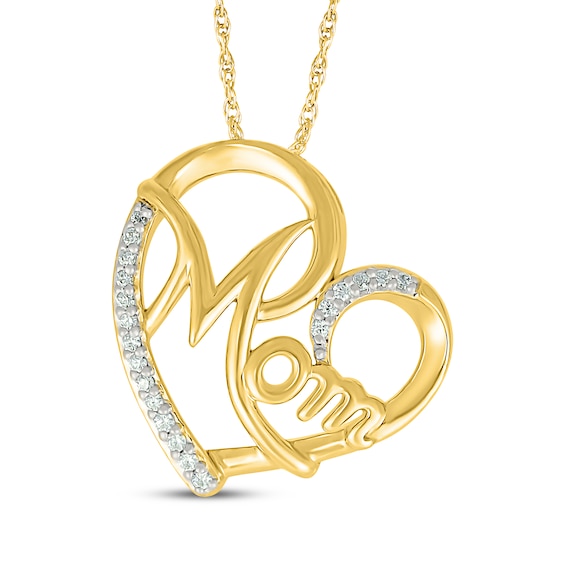 Diamond "Mom" Tilted Heart Necklace 1/15 ct tw 10K Yellow Gold 18"