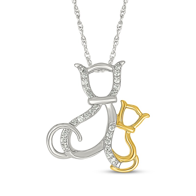 Main Image 1 of Diamond Mother Cat & Kitten Necklace 1/10 ct tw Sterling Silver & 10K Yellow Gold 18&quot;