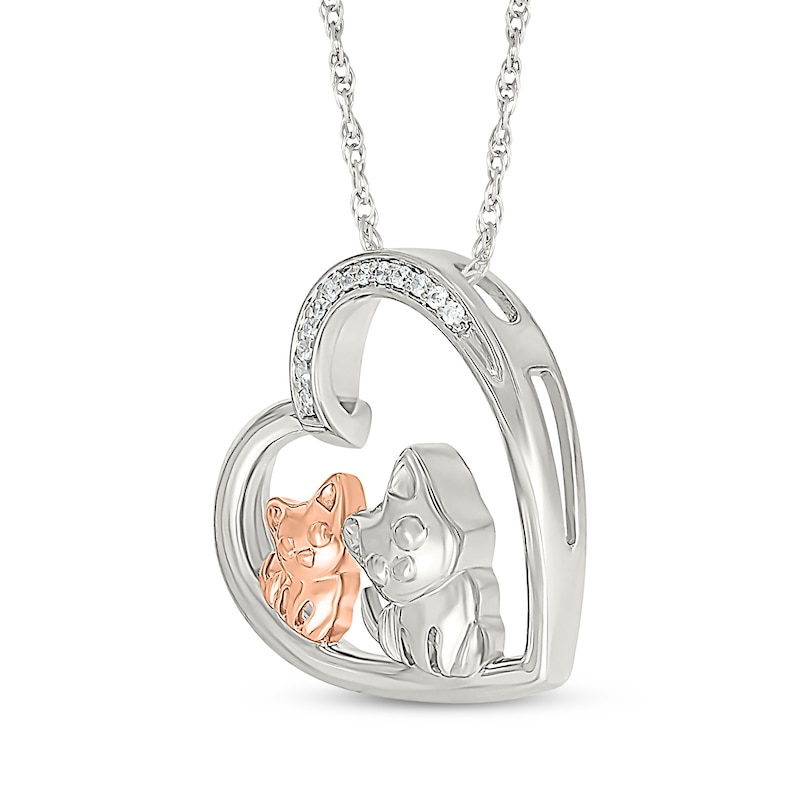 Main Image 2 of Diamond Heart Mother Cat & Kitten Necklace 1/20 ct tw Sterling Silver & 10K Rose Gold 18&quot;