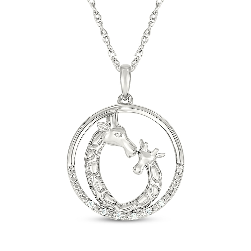 Main Image 1 of Mother & Baby Giraffes Diamond Accent Circle Necklace Sterling Silver 18&quot;