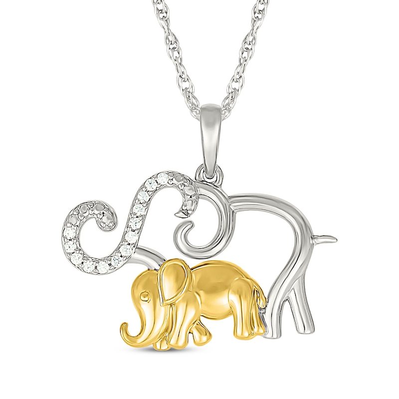 Main Image 1 of Diamond Mother & Baby Elephant Necklace 1/20 ct tw Sterling Silver & 10K Yellow Gold 18&quot;