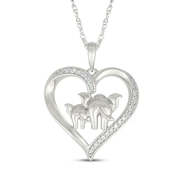 Diamond Heart Mother & Baby Elephant Necklace 1/8 ct tw Sterling Silver 18&quot;