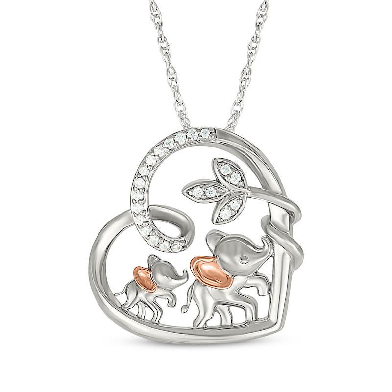 Main Image 1 of Diamond Elephants Tilted Heart Necklace 1/10 ct tw Sterling Silver & 10K Rose Gold 18&quot;