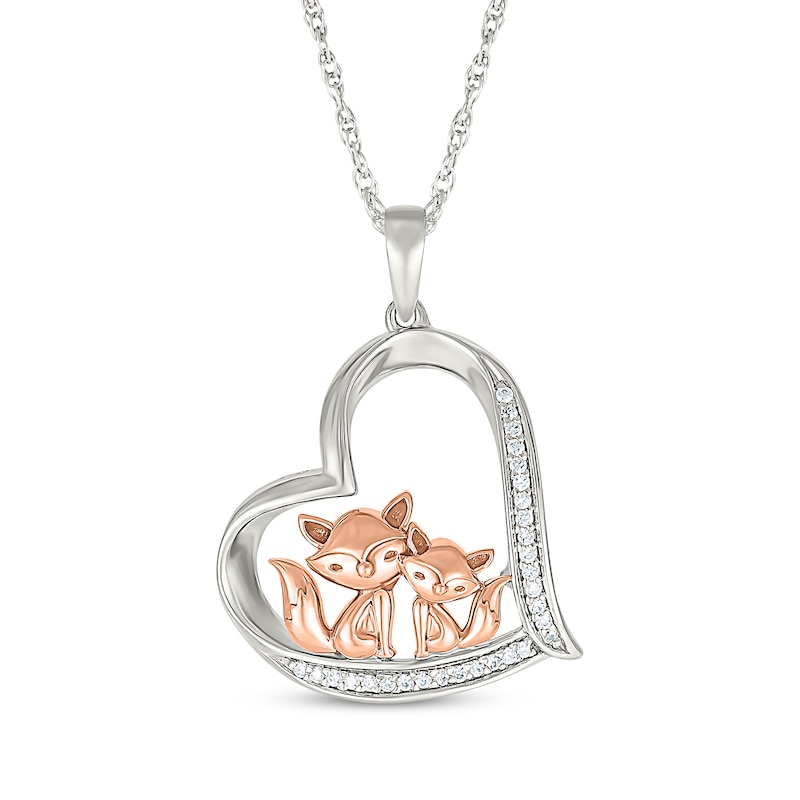 Main Image 1 of Diamond Foxes Tilted Heart Necklace 1/15 ct tw Sterling Silver & 10K Rose Gold 18&quot;