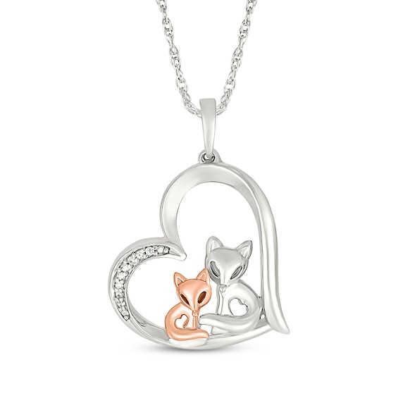 Diamond Accent Foxes Tilted Heart Necklace Sterling Silver & 10K Rose Gold 18"