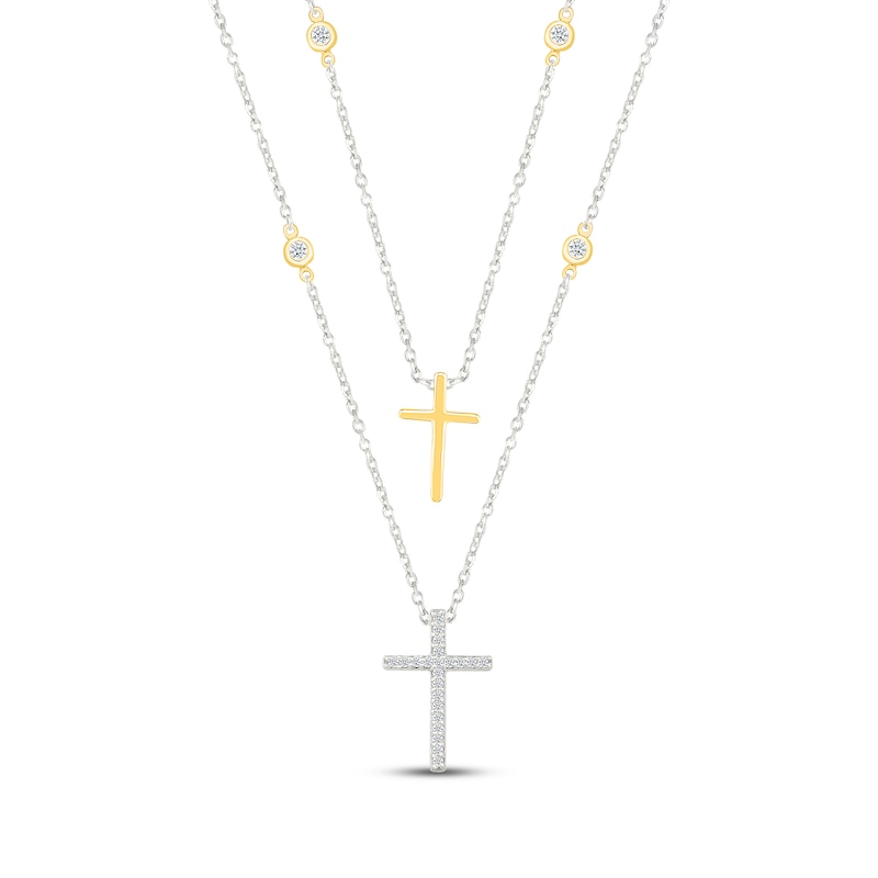 Main Image 1 of Diamond Double Layer Cross Necklace 1/6 ct tw Sterling Silver & 10K Yellow Gold 18&quot;