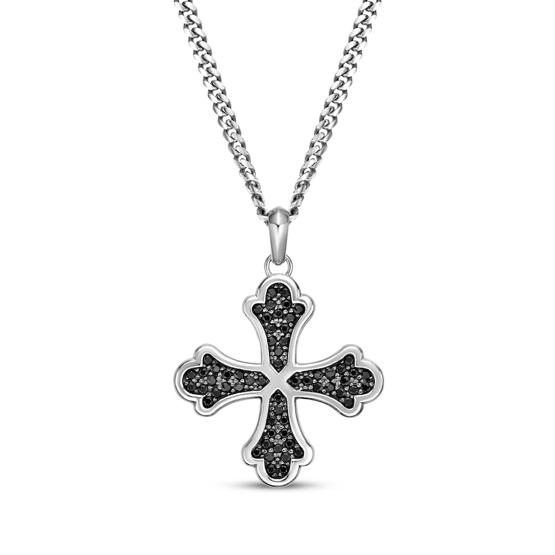 Main Image 1 of Men's Black Spinel Greek Cross Necklace Sterling Silver 24&quot;