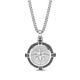 Men's Black Diamond Accent Compass Necklace Sterling Silver 24&quot;