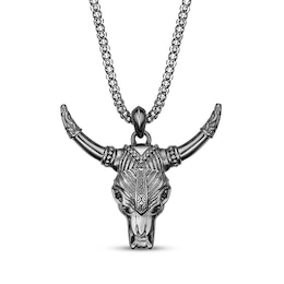 Men's Black Spinel Bull Necklace Oxidized Sterling Silver 24&quot;