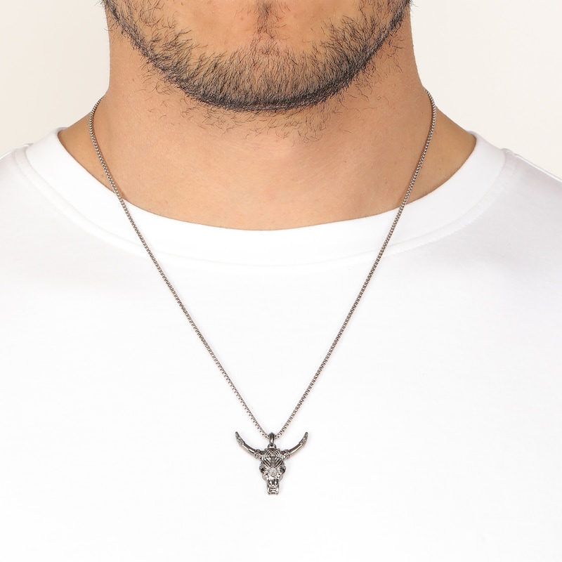 Men's Black Spinel Bull Necklace Oxidized Sterling Silver 24"