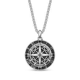 Men's Black Spinel Compass with Roman Numerals Necklace Sterling Silver 24&quot;