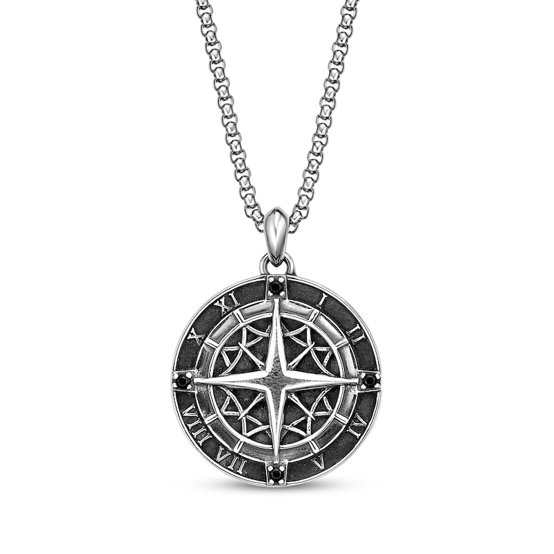 Men's Black Spinel Compass with Roman Numerals Necklace Sterling Silver 24"