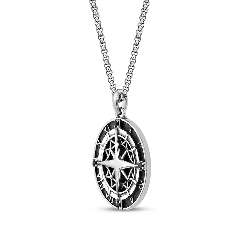 Men's Black Spinel Compass with Roman Numerals Necklace Sterling Silver 24"