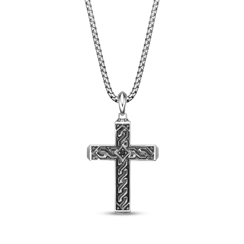 Main Image 1 of Men's Black Spinel Patterned Cross Necklace Sterling Silver 24&quot;