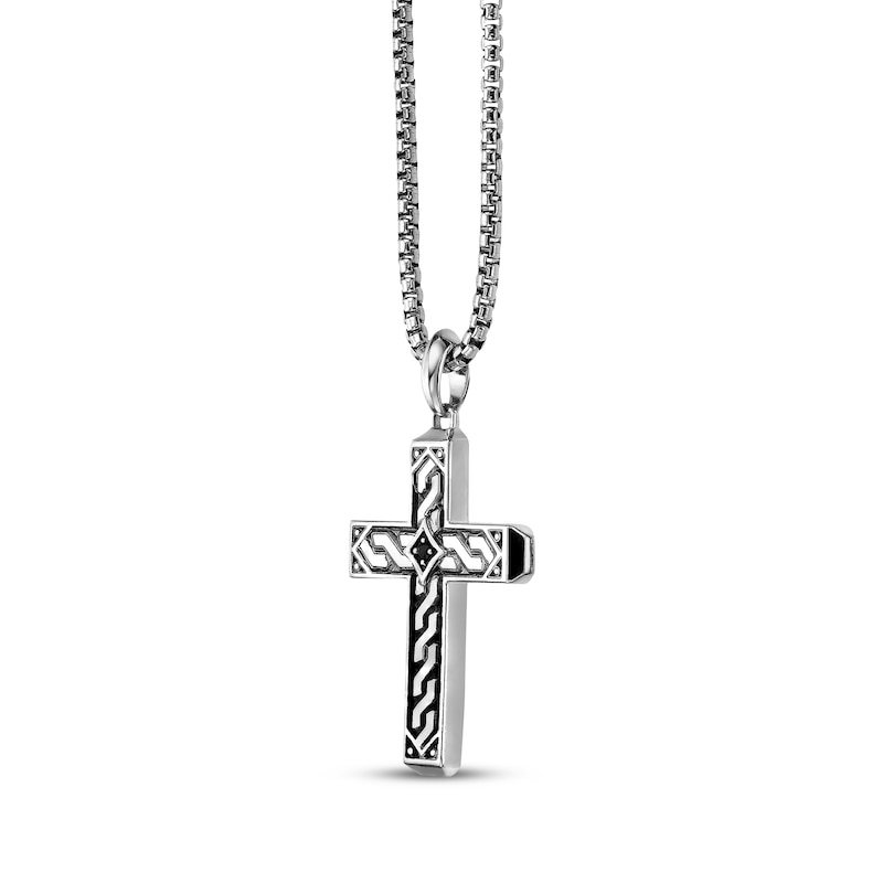 Main Image 2 of Men's Black Spinel Patterned Cross Necklace Sterling Silver 24&quot;