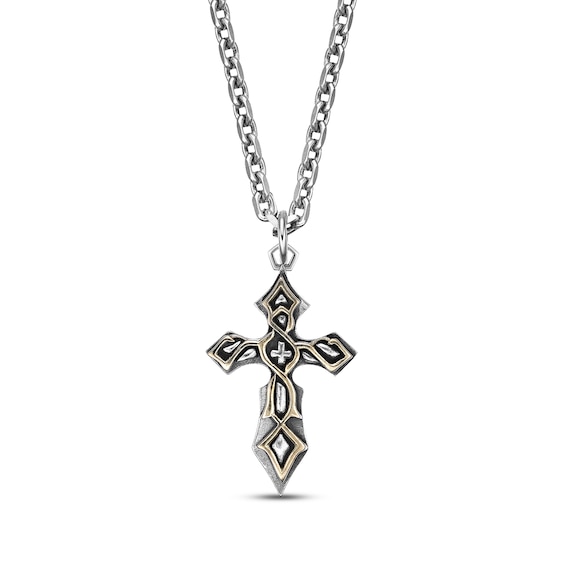 Men's Cross Necklace Sterling Silver & 14K Yellow Gold Plating 24"