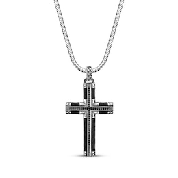 Men's Black Spinel & Leather Cross Necklace Sterling Silver 24&quot;