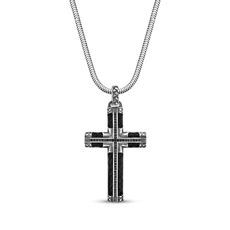 Main Image 1 of Men's Black Spinel & Leather Cross Necklace Sterling Silver 24&quot;