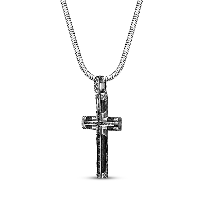 Main Image 2 of Men's Black Spinel & Leather Cross Necklace Sterling Silver 24&quot;