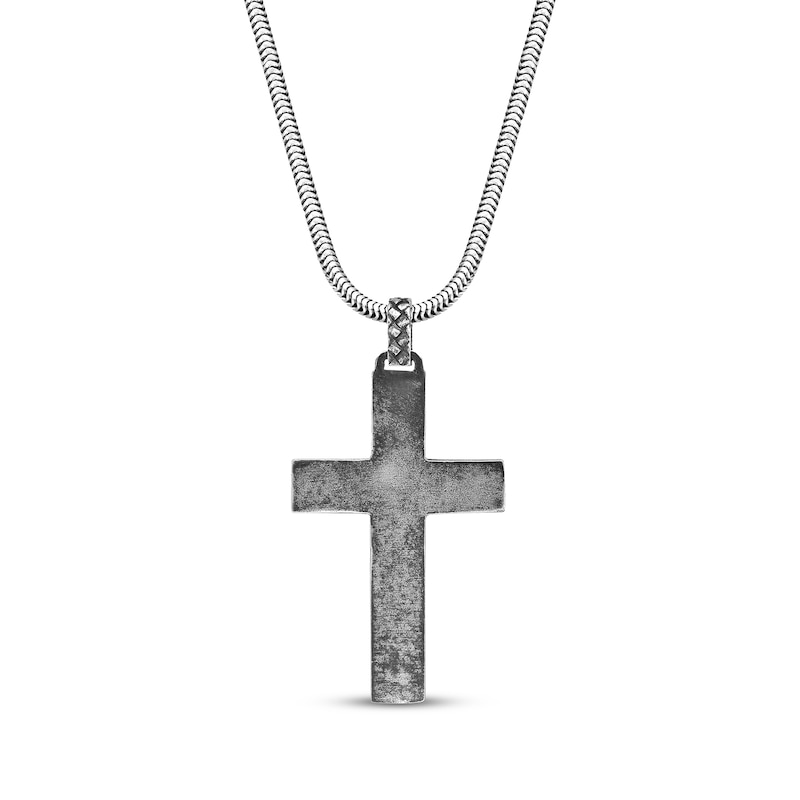 Main Image 3 of Men's Black Spinel & Leather Cross Necklace Sterling Silver 24&quot;