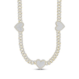 Multi-Diamond Heart Station Curb Chain Necklace 2-5/8 ct tw 10K Yellow Gold 18&quot;