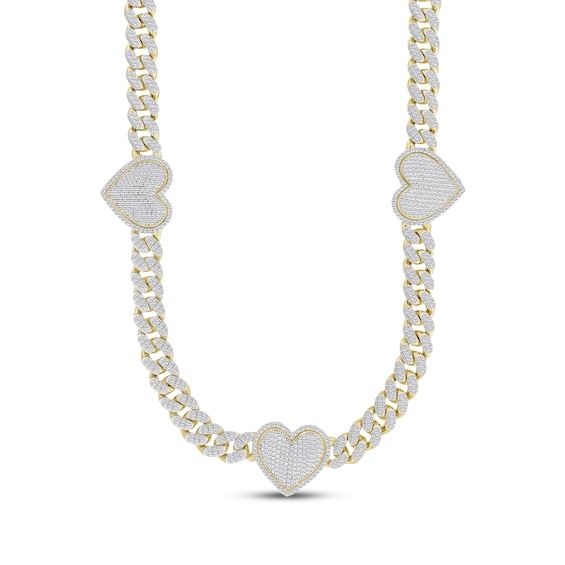 Multi-Diamond Heart Station Curb Chain Necklace 2-5/8 ct tw 10K Yellow Gold 18"