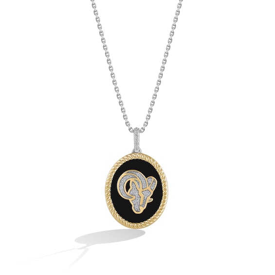 True Fans Los Angeles Rams 1/15 CT. T.W. Diamond and Oval Black Onyx Necklace in Sterling Silver and 10K Yellow Gold