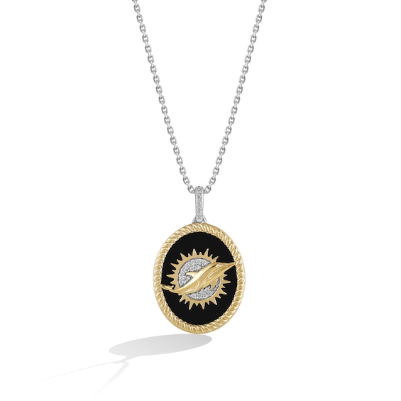 True Fans Miami Dolphins 1/15 CT. T.W. Diamond and Oval Black Onyx Necklace in Sterling Silver and 10K Yellow Gold
