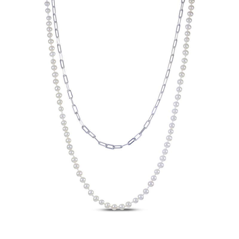 Main Image 1 of Cultured Pearl Strand & Layered Paperclip Chain Necklace Sterling Silver 18&quot;