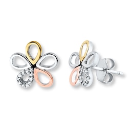 Flower Earrings 1/20 ct tw Diamonds Sterling Silver & 10K Two-Tone Gold