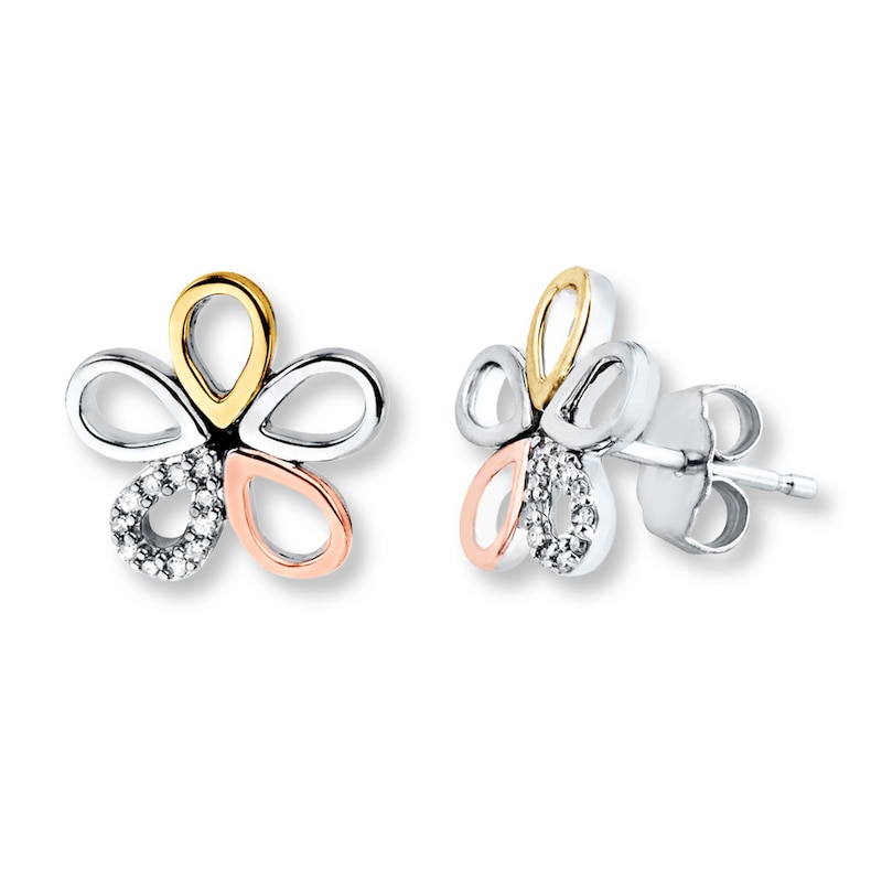 Main Image 1 of Flower Earrings 1/20 ct tw Diamonds Sterling Silver & 10K Two-Tone Gold