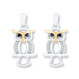 Owl Earrings 1/8 ct tw Diamonds Sterling Silver & 10K Yellow Gold