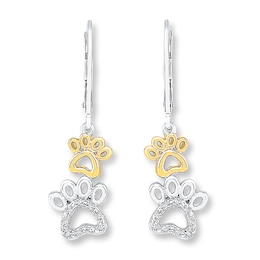 Paw Print Earrings 1/15 ct tw Diamonds Sterling Silver & 10K Yellow Gold