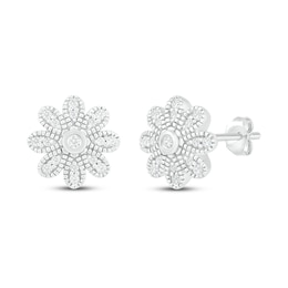 Diamond Flower Earrings 1/8 ct tw Round-cut Sterling Silver