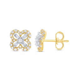 Diamond Clover Earrings 1/3 ct tw Round & Baguette 10K Yellow Gold