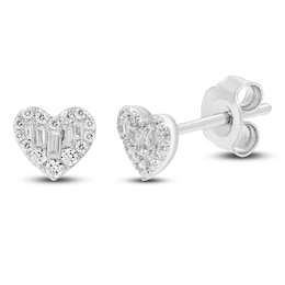 Diamond Heart Stud Earrings 1/5 ct tw Round & Baguette Sterling Silver