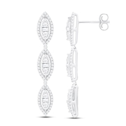 Diamond Marquise Drop Earrings 1 ct tw Round & Baguette-cut 10K White Gold