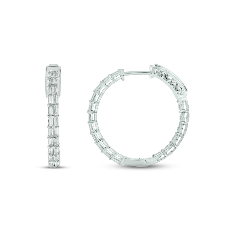 Main Image 2 of Diamond Hoop Earrings 1 ct tw Baguette & Round-cut 10K White Gold