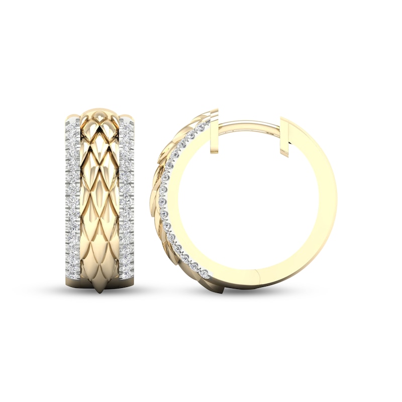 Main Image 3 of Diamond Edge Quilted Hoop Earrings 1/4 ct tw Round-cut 10K Yellow Gold