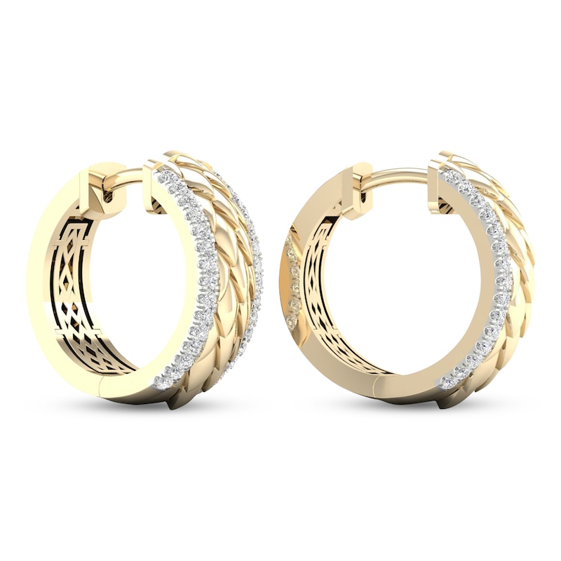 Main Image 4 of Diamond Edge Quilted Hoop Earrings 1/4 ct tw Round-cut 10K Yellow Gold