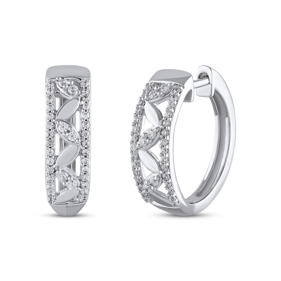 Diamond Leaves Hoop Earrings 1/3 ct tw Round-cut 10K White Gold