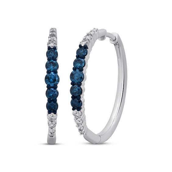 Blue & White Diamond Hoop Earrings 1 ct tw Round-cut 10K White Gold