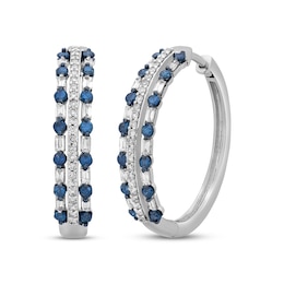 Blue & White Diamond Three-Row Hoop Earrings 1 ct tw Round & Baguette-cut 10K White Gold